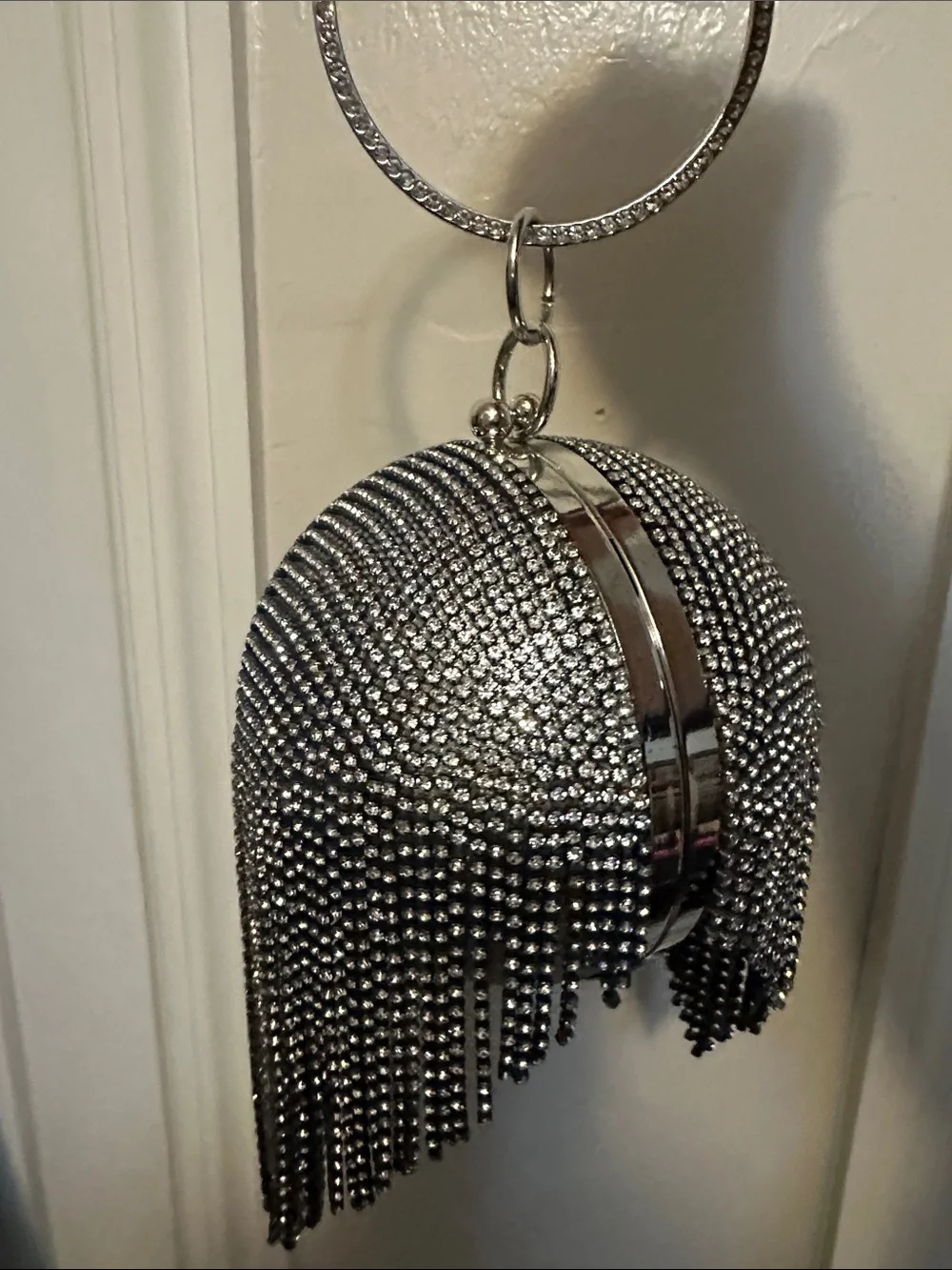 Silver Crystal Fringe Evening Clutch Bag